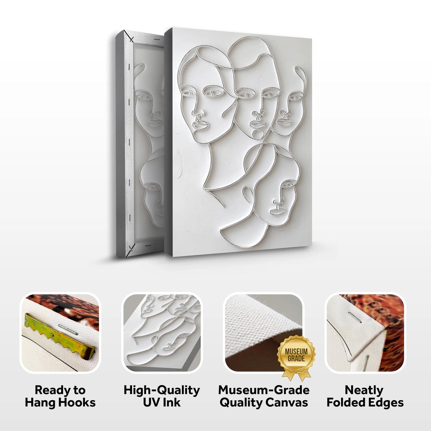 White canvas 3D minimalist faces wall art featuring abstract layered sculpted face silhouettes design