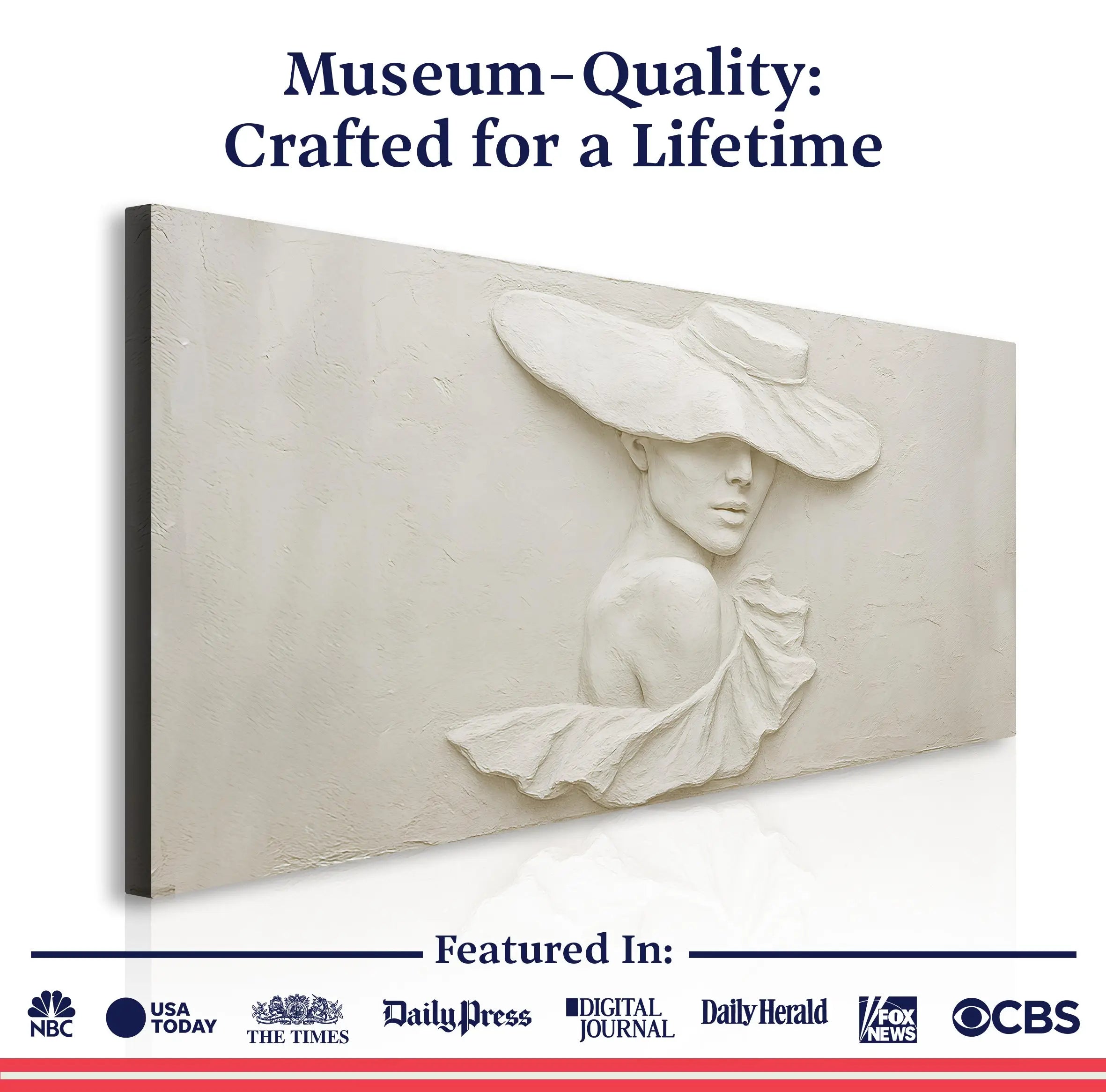 Cream-colored textured canvas 3D minimalist female portrait wall art with a sculpted relief of a woman in a wide-brimmed hat