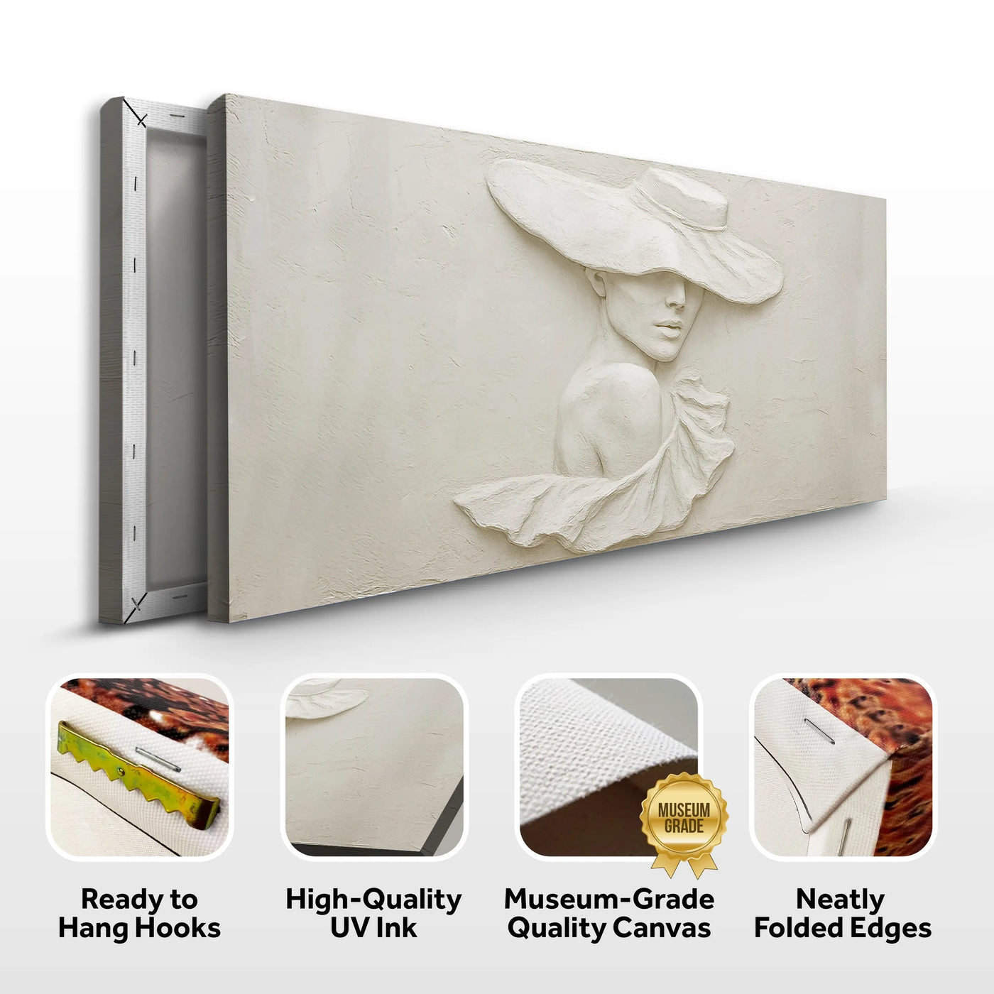 A sleek off-white 3d minimalist female portrait wall art canvas print featuring a sculpted woman with an elegant hat