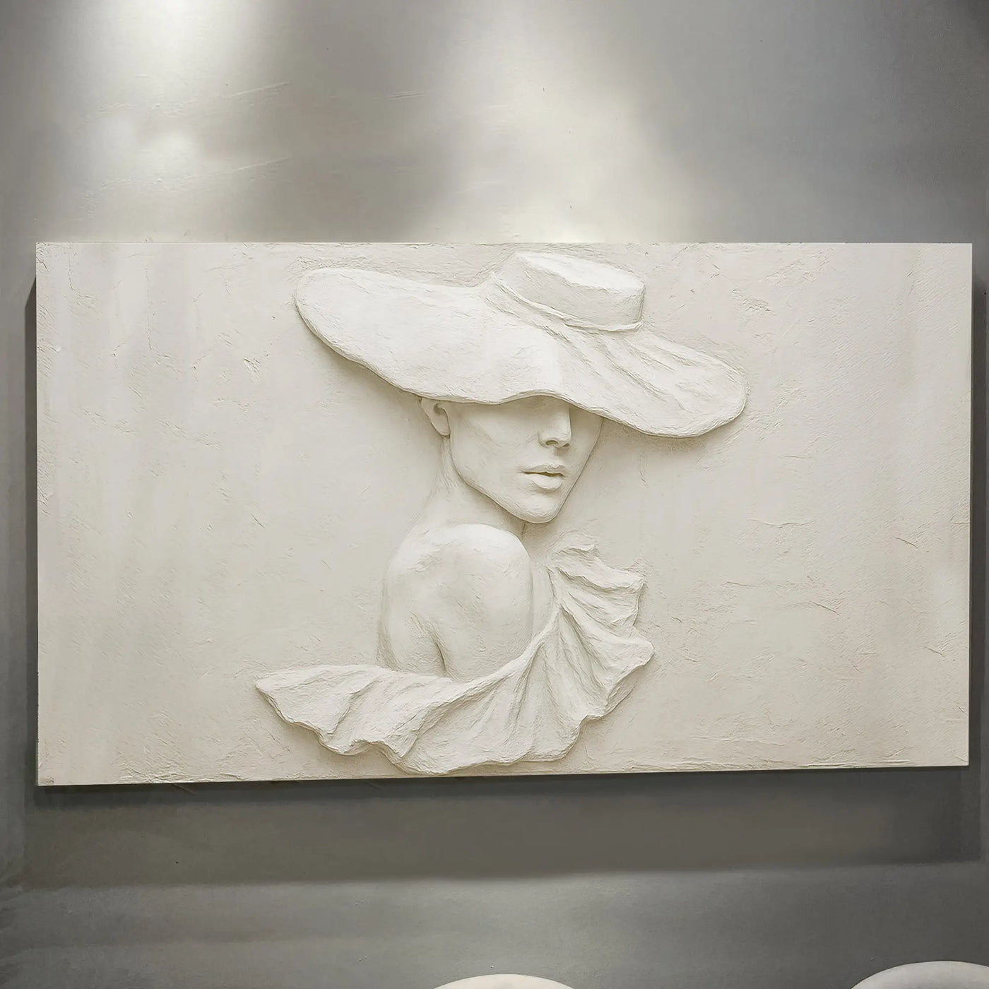 White 3d minimalist female portrait wall art featuring sculptural woman in elegant wide-brimmed hat and flowing fabric
