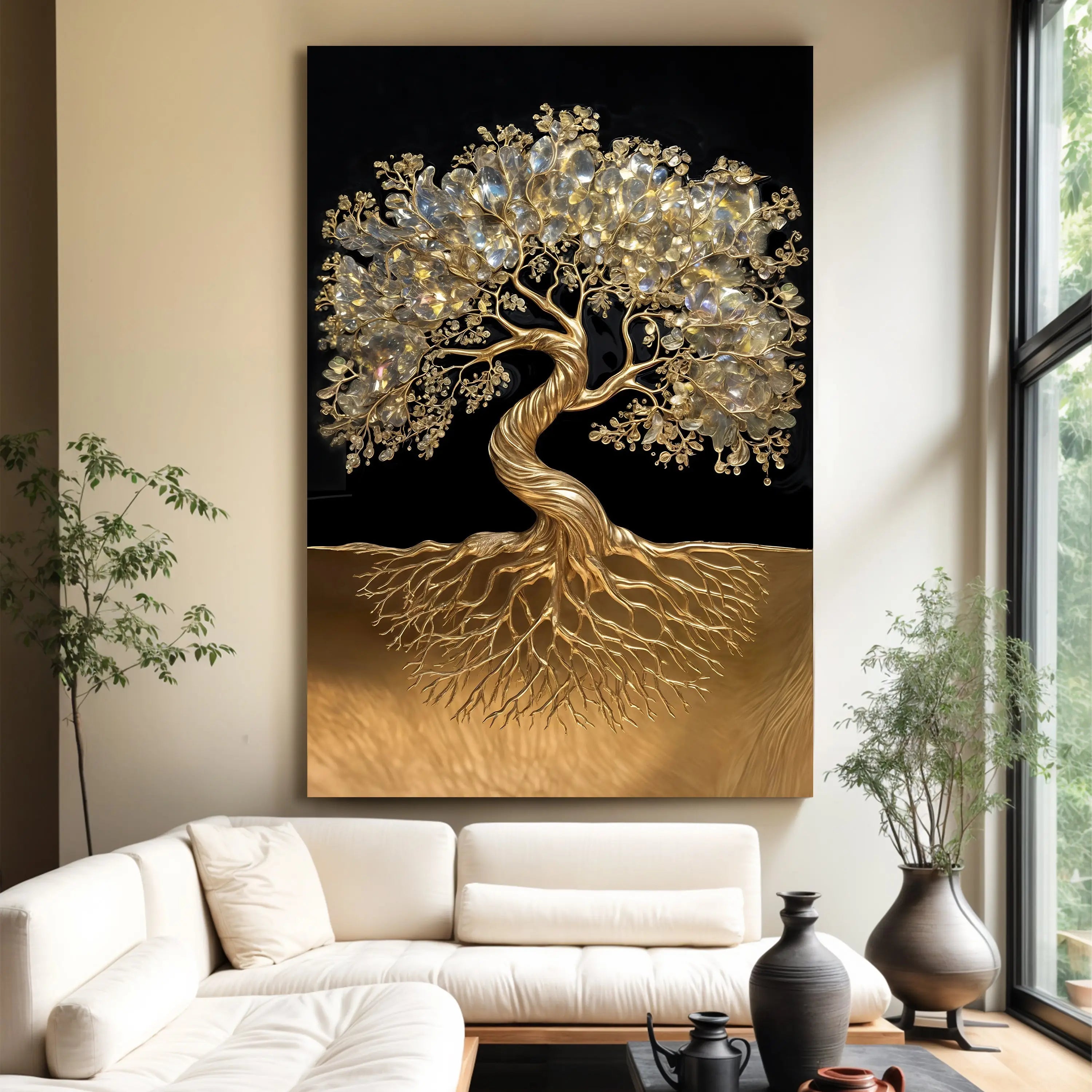 3d minimalist tree of life wall art featuring a gold tree with crystal leaves on black canvas with intricate roots