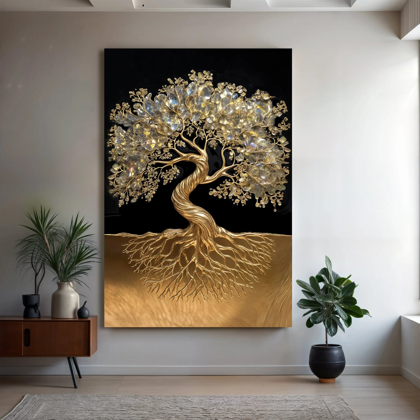 3d minimalist tree of life wall art featuring a gold canvas with black upper half and crystal adorned branches