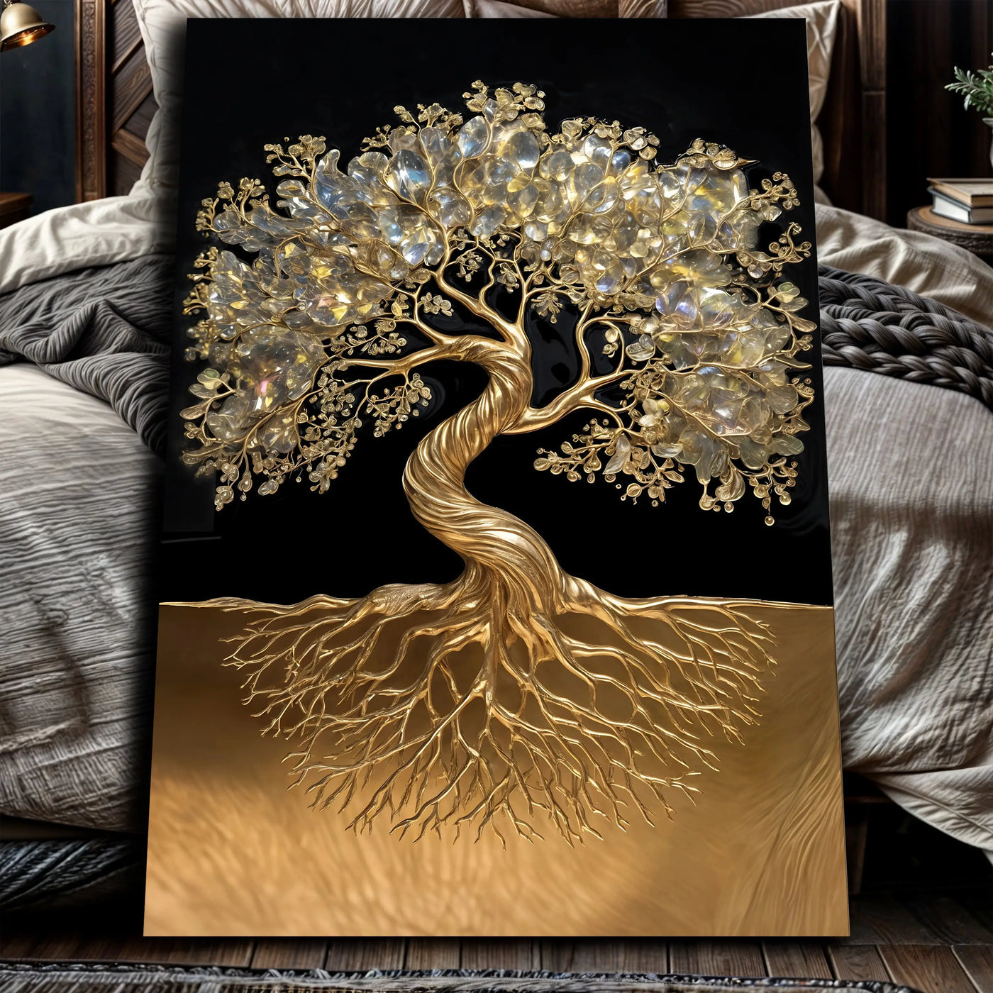 3d minimalist tree of life wall art with golden canvas and clear faceted crystal branches on black background