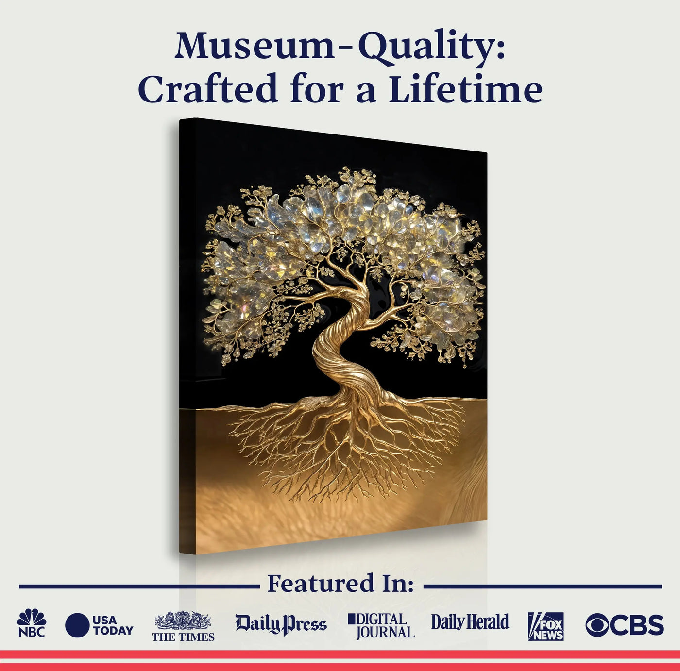 3d minimalist tree of life wall art featuring a golden canvas print with sparkling crystal leaves and intricate roots