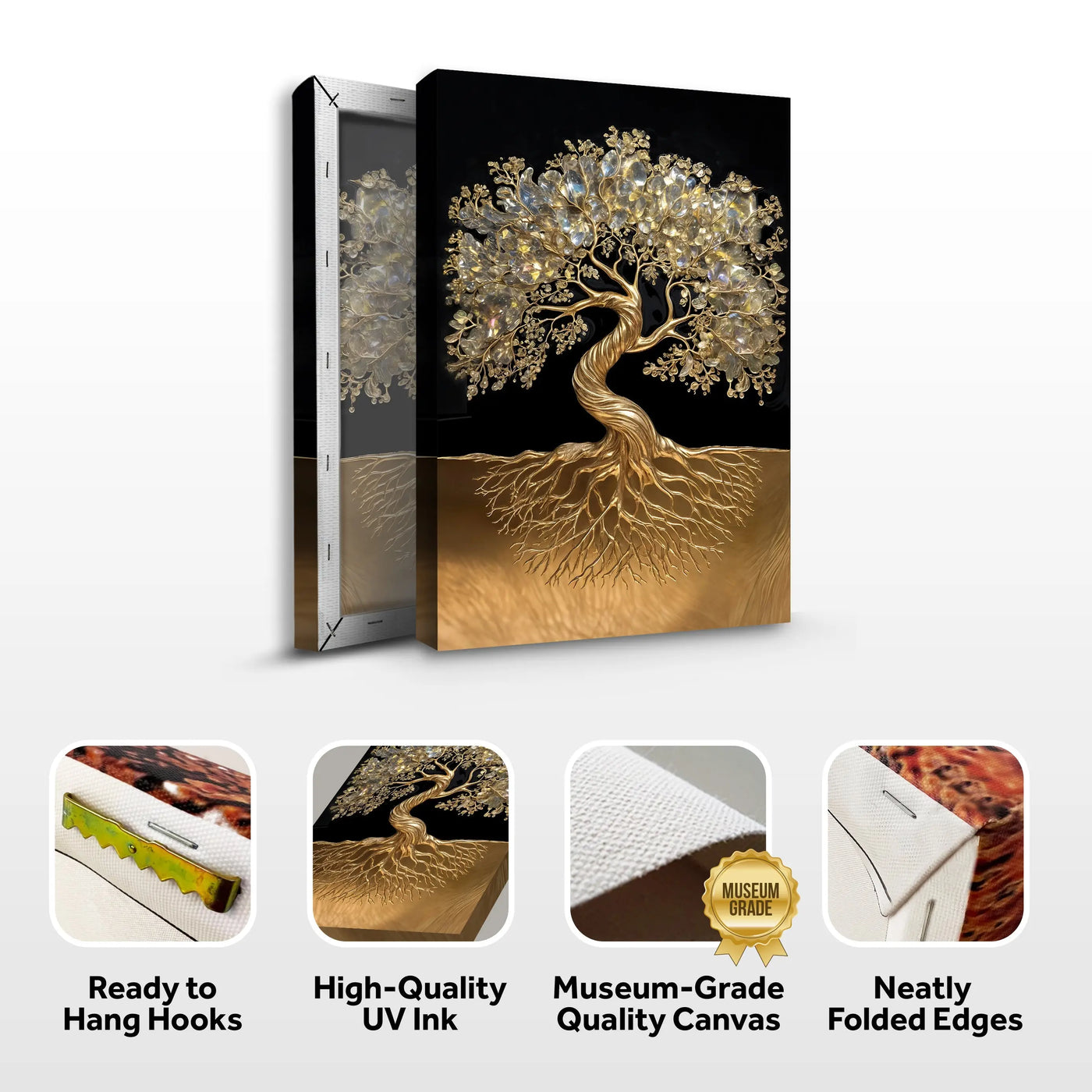 A 3D minimalist tree of life wall art featuring a gold canvas print with crystal-like leaves and roots on black background