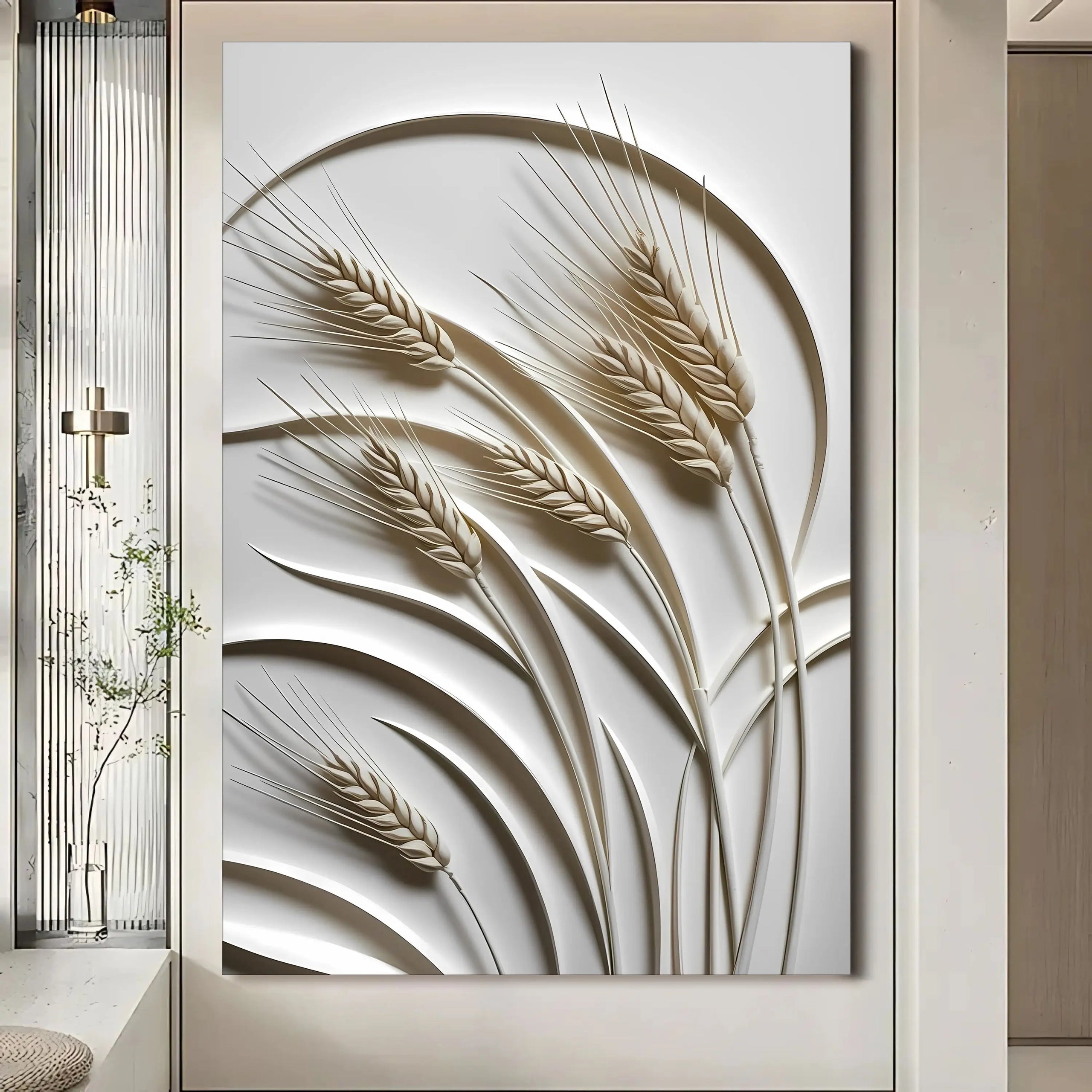 Beige 3d minimalist wheat wall art featuring elegant sculpted relief design in durable material for home decor
