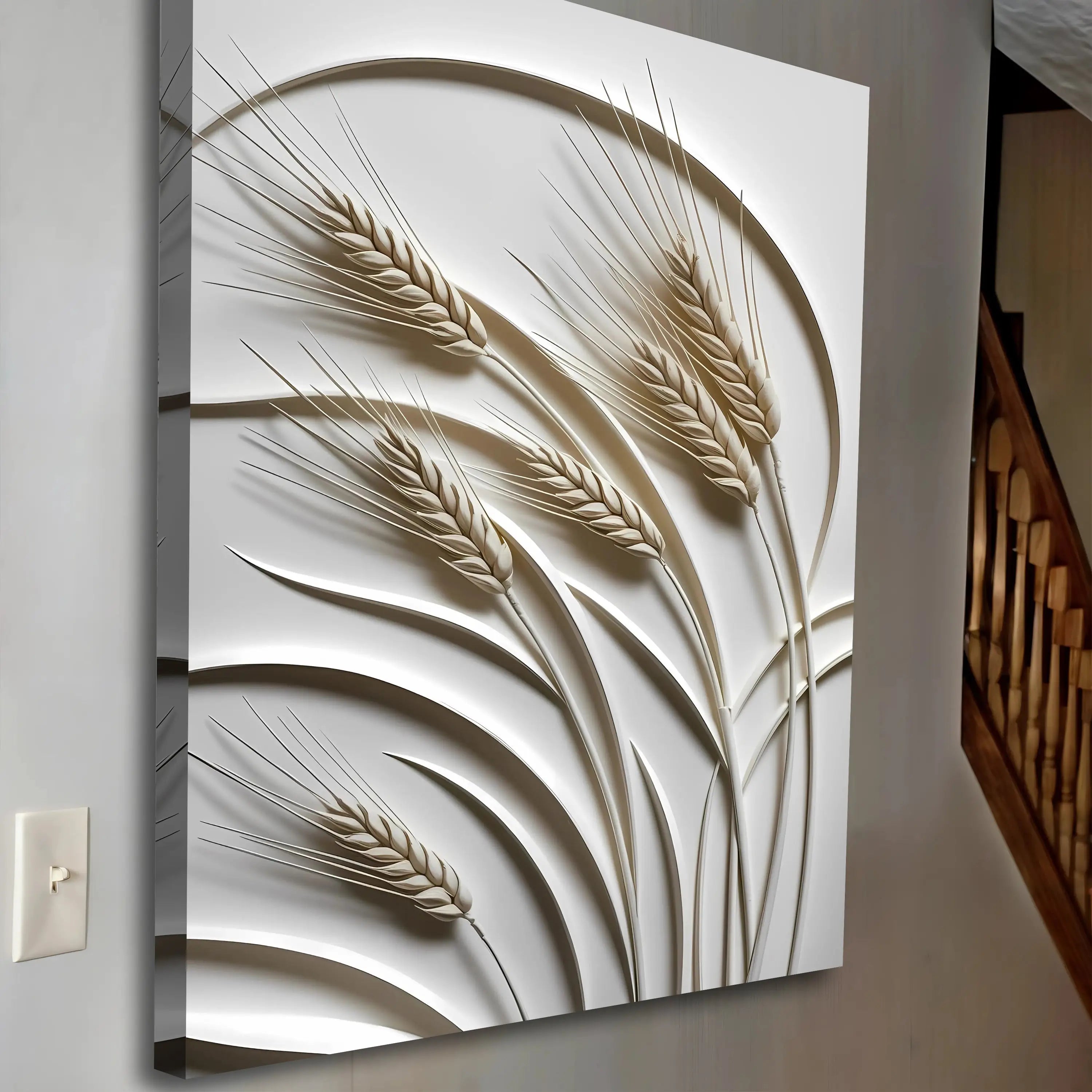 Beige wheat stalks 3d minimalist wall art relief panel mounted on white wall for home decor