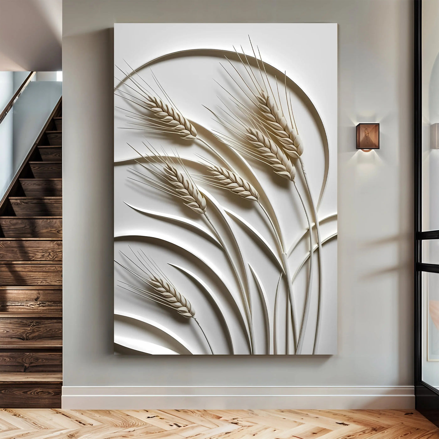 A modern off-white 3d minimalist wheat wall art with intricately carved grain and slender stems in relief