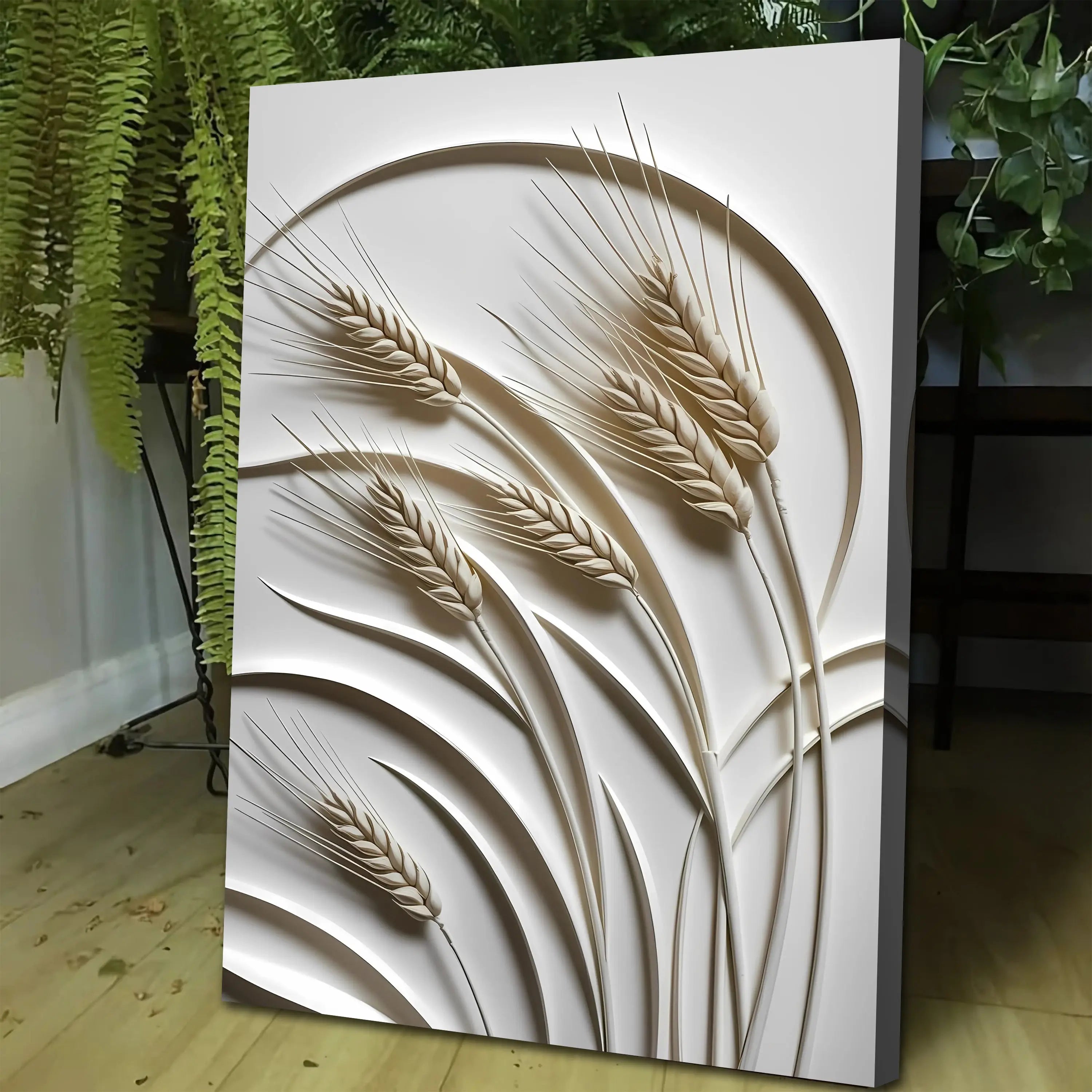 White 3d minimalist wheat wall art with intricately carved wheat stalks in a relief design for home decor