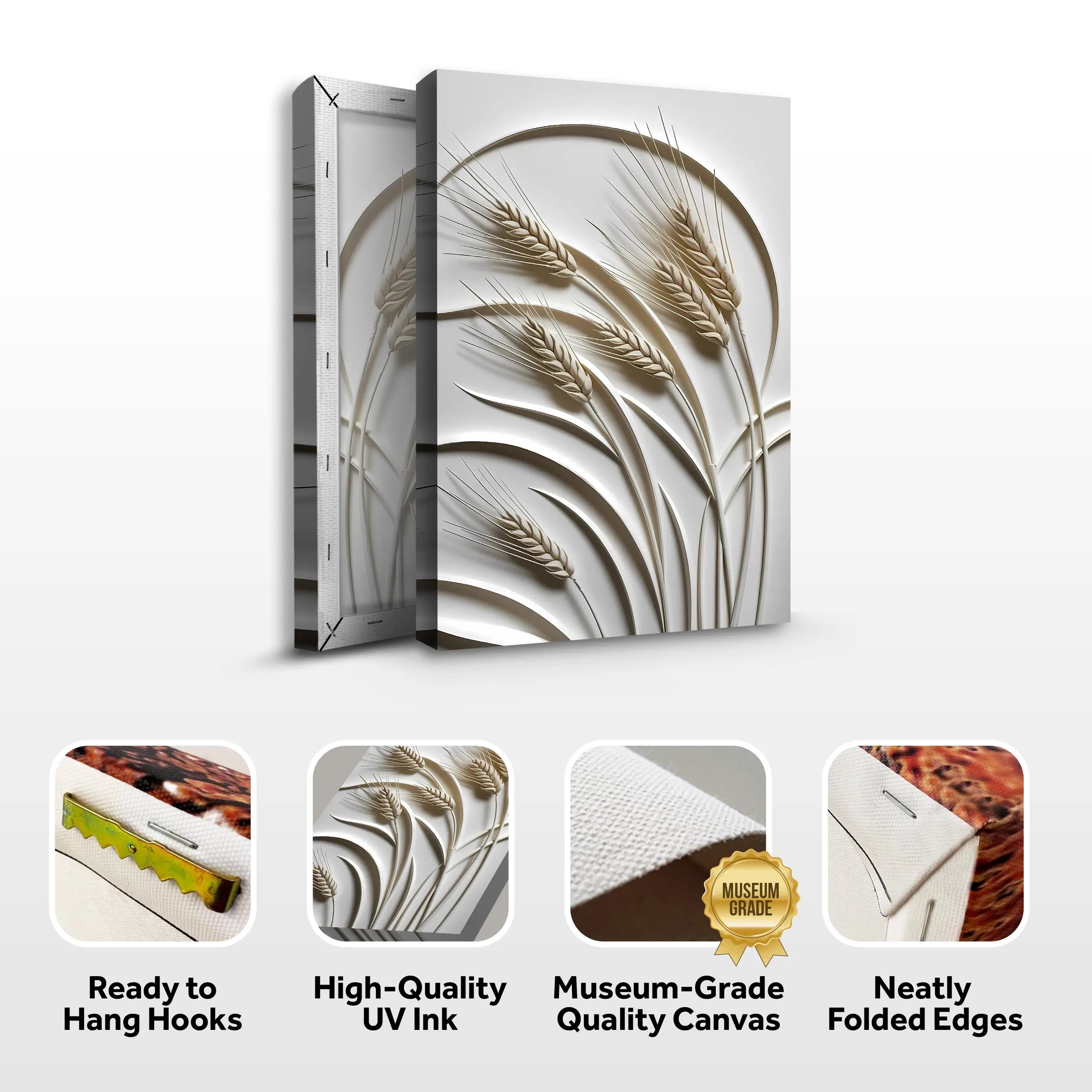 A white 3d minimalist wheat wall art canvas print with museum-grade finish and ready-to-hang hooks