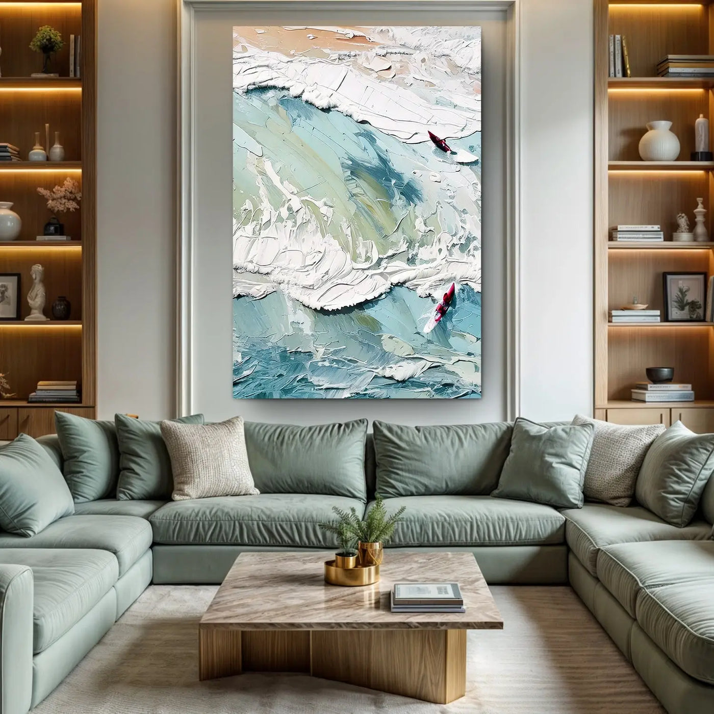 3d sea wall art with textured abstract ocean wave design and small red kayak centerpiece in vibrant blue tones