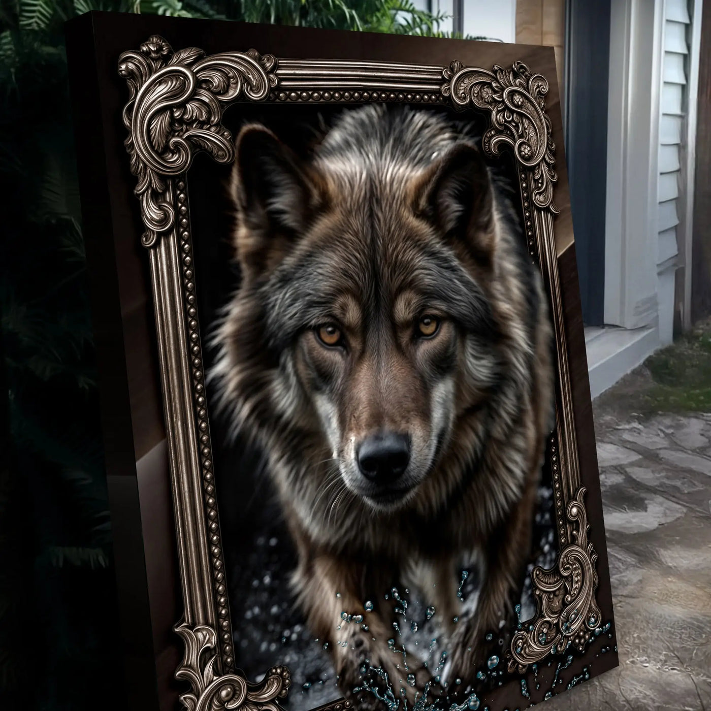 3d wolf wall art ii featuring a realistic gray wolf with amber eyes on canvas in an ornate dark bronze frame