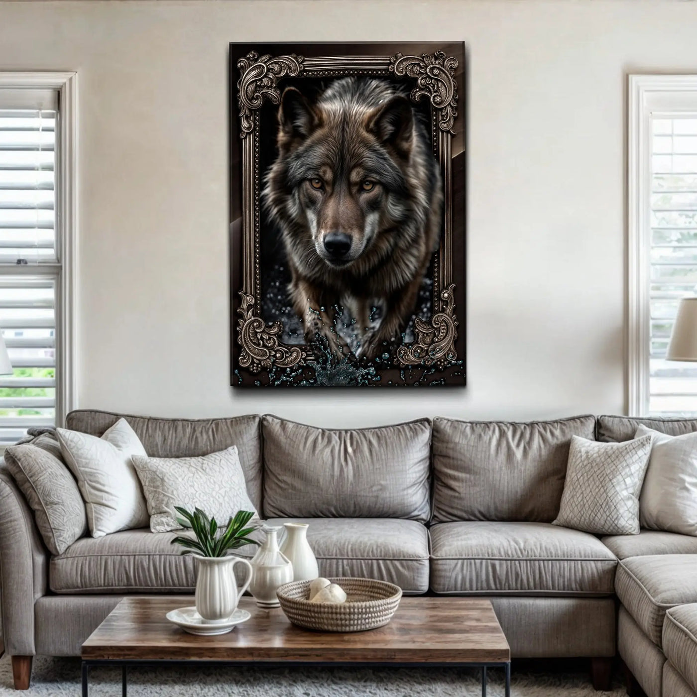 A detailed dark-toned 3d wolf wall art canvas print featuring a realistic wolf with intricate ornate framing