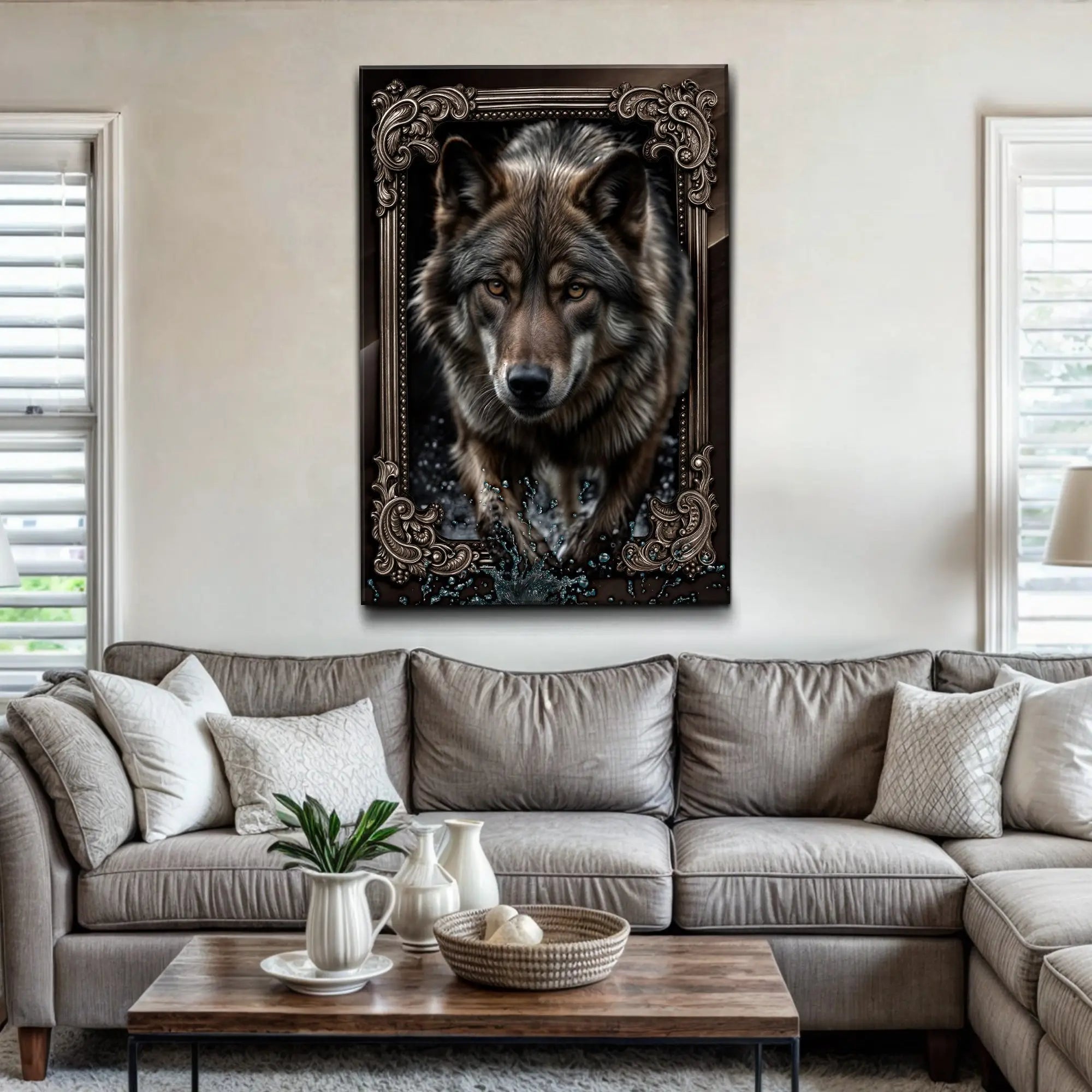 A detailed dark-toned 3d wolf wall art canvas print featuring a realistic wolf with intricate ornate framing