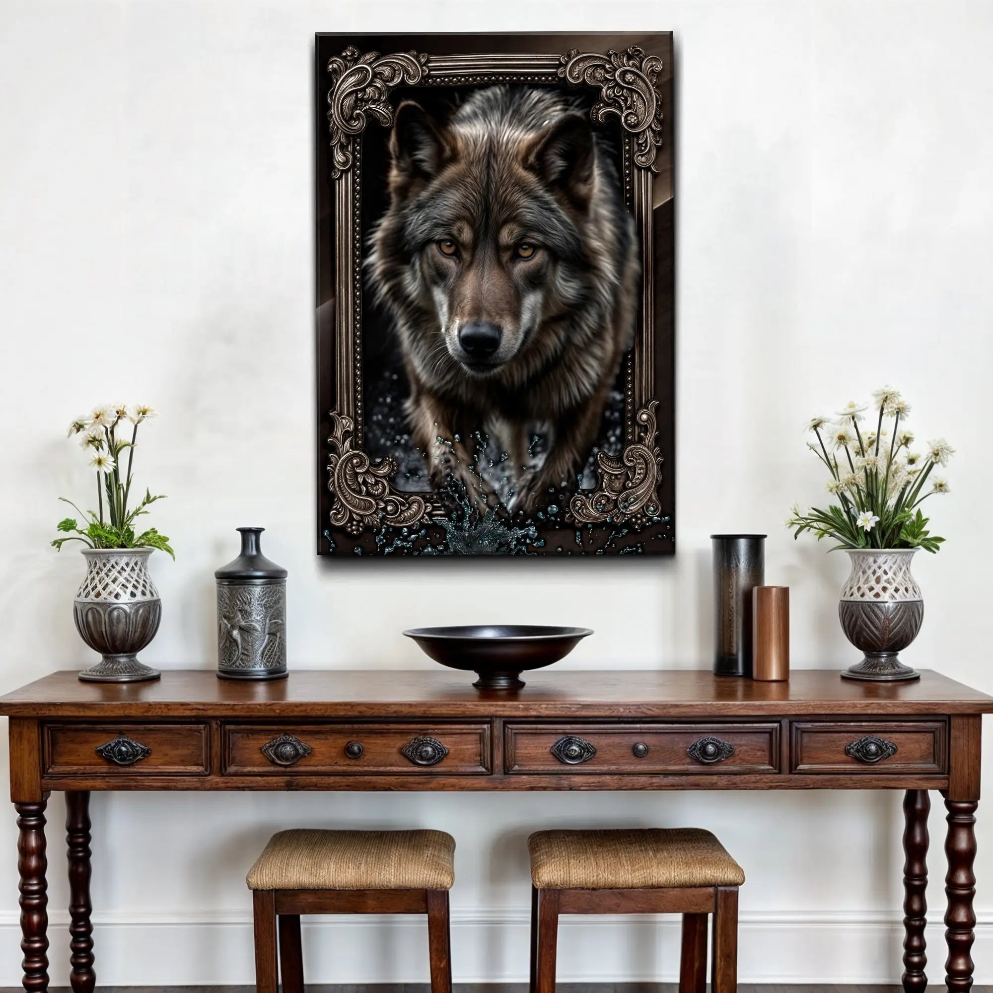 A dark-toned 3D wolf wall art canvas print with a realistic wolf and intricate ornate framing for wall decor