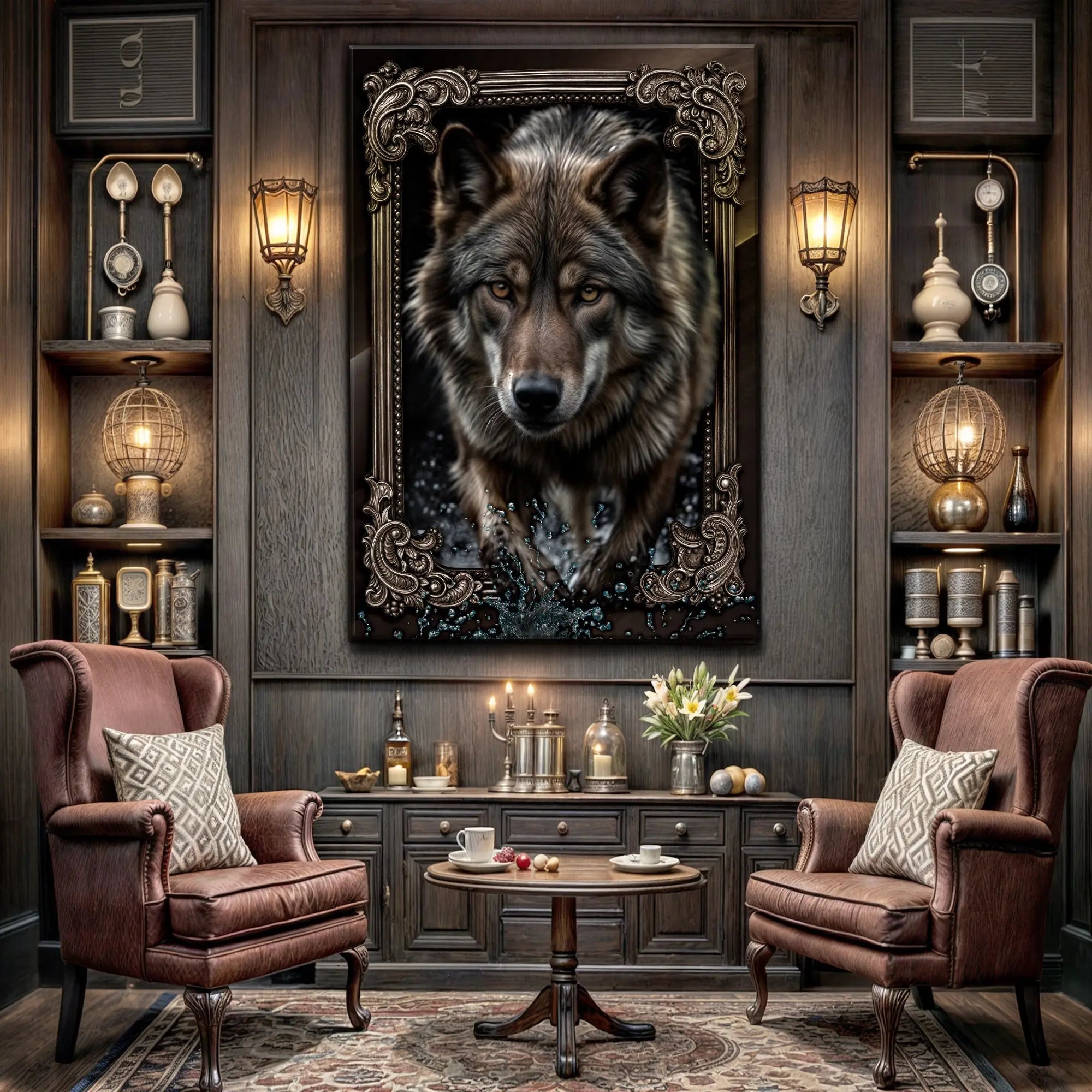 A detailed 3D wolf wall art featuring a realistic gray wolf with a silver-toned ornate frame on dark wood wall