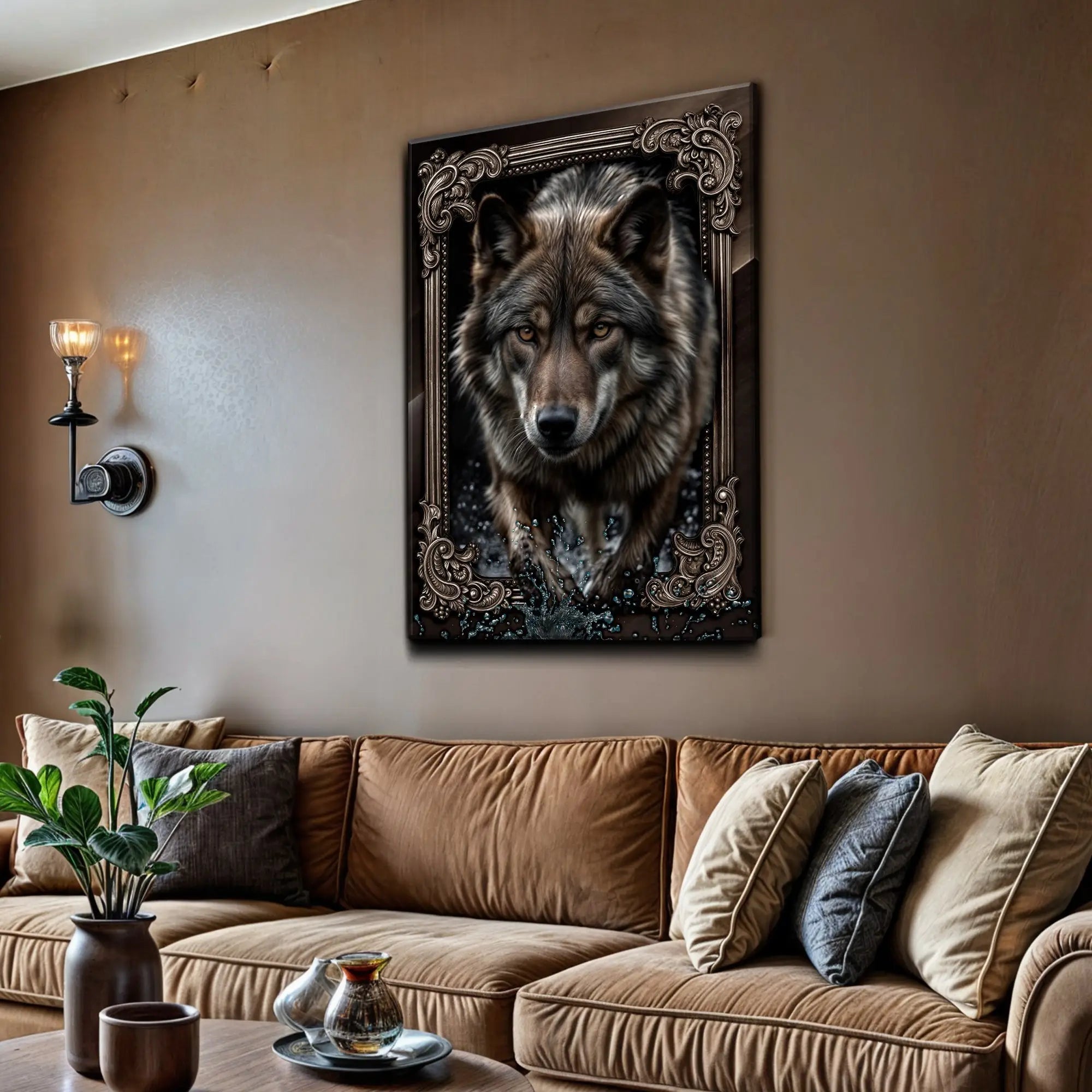 3d wolf wall art ii featuring a detailed gray wolf portrait with textured fur in an ornate dark metallic frame