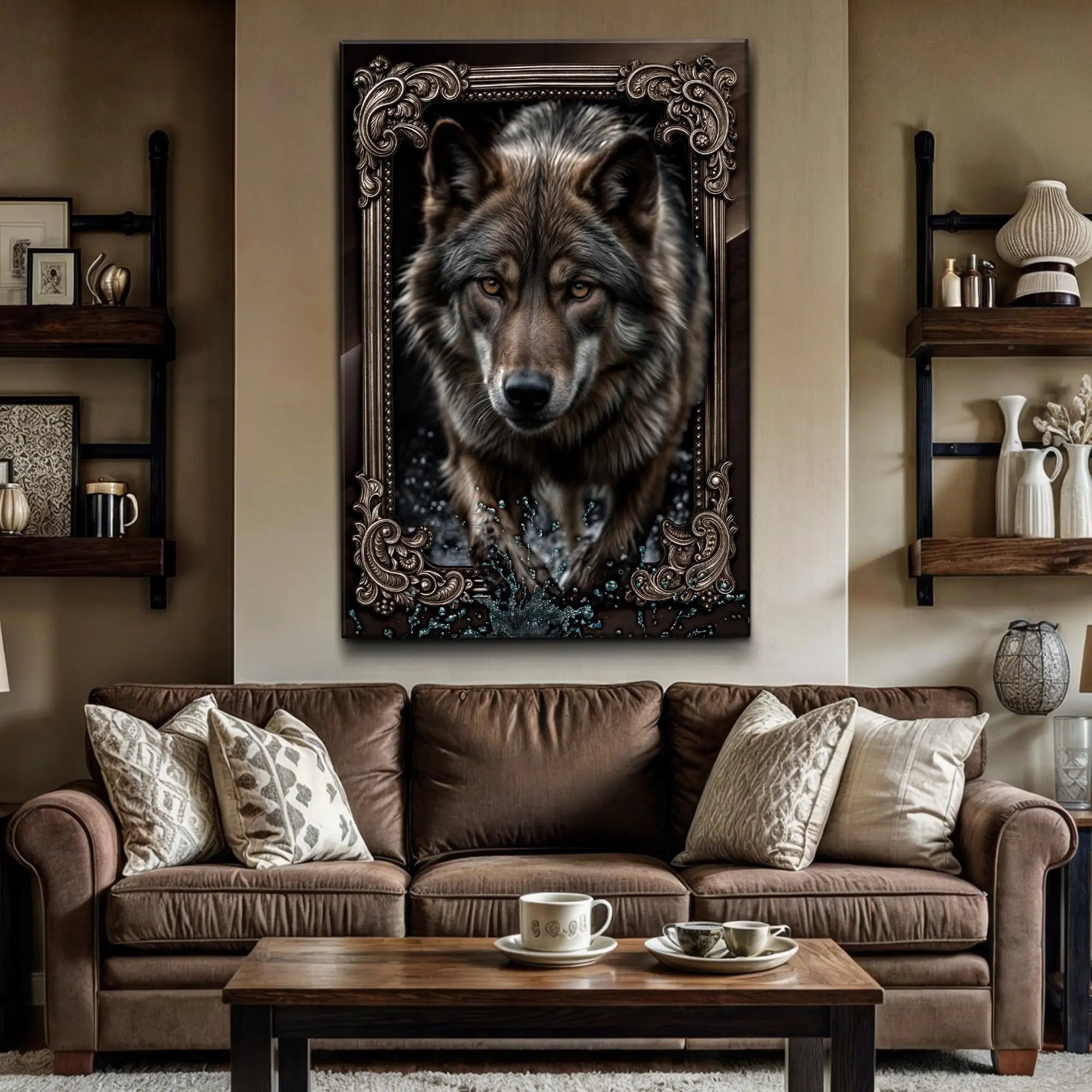 3d wolf wall art II featuring a detailed gray wolf portrait with amber eyes and wet fur in an ornate dark bronze frame