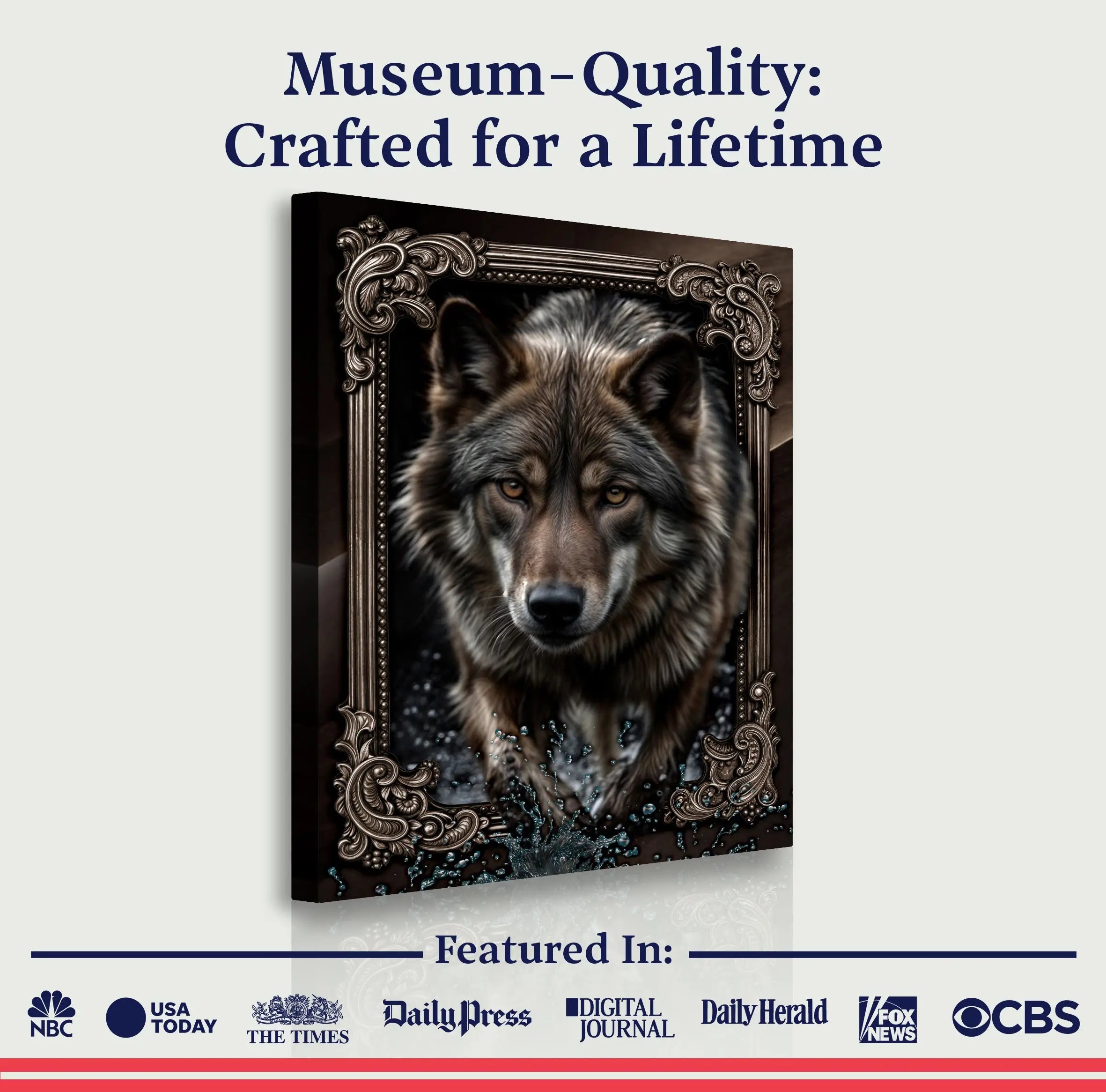 3d wolf wall art ii featuring a detailed realistic canvas print of a gray wolf with amber eyes in a dark bronze frame