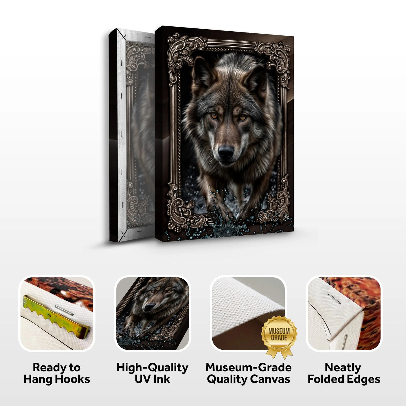 A detailed realistic canvas print of a gray wolf with dark eyes and wet fur in an ornate black frame for wall art