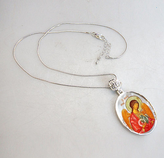 Saint Michael the Archangel Silver Plated Mother of Pearl Necklace - 43027O