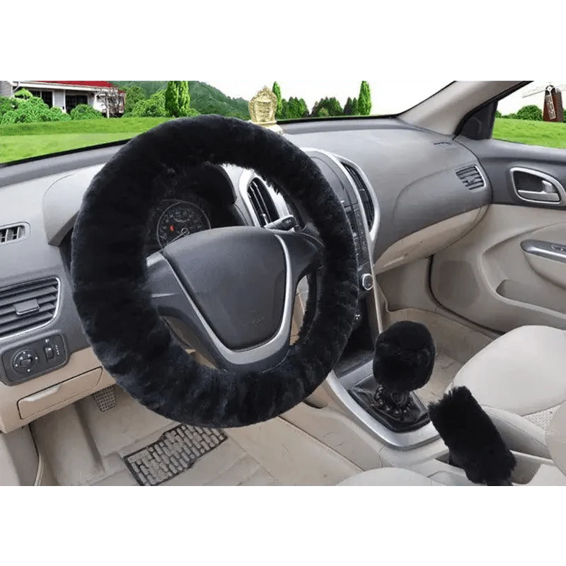 3Pcs Set Winter Fashion Wool Fur Soft Furry Car Steering Wheel Covers 16 Colors Winter Universal Hand Brake Gear Cover  Car Accessories