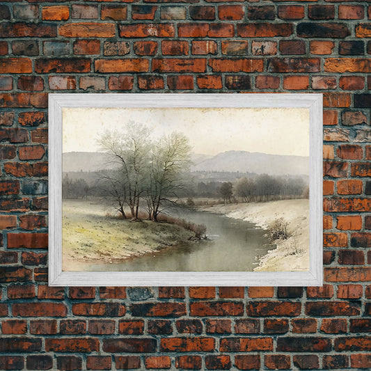 Rustic Vintage Landscape Wall Art Print, Nature Framed Large Gallery Art, Minimalist Art Ready to Hang, With Hangers, Muted Farmhouse Art