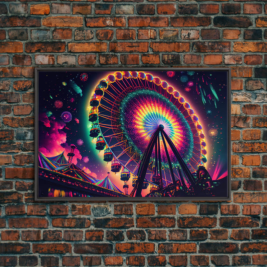 Colorful boardwalk art, neon lit night time ferris wheel, framed canvas print, framed wall art