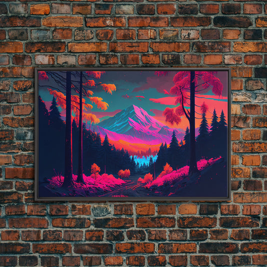 Synthwave style watercolor painting of a mountain and forest, framed canvas print, colorful wall art