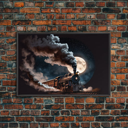 Steampunk Wild West Decor, Steam Train at Midnight, Framed Canvas Print