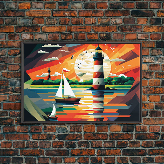 Sailboat and Lighthouse | WPAP Art Style Painting Print | Framed Canvas Print | Colorful Minimalist Art | Nautical Art | Pop Art