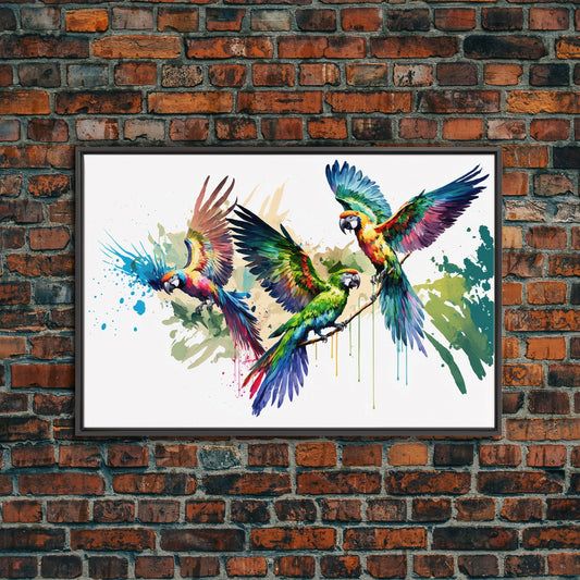 Birds of Paradise | 3 Watercolor Parrots | Framed Canvas Print | Colorful Boho Style Wall Decoration