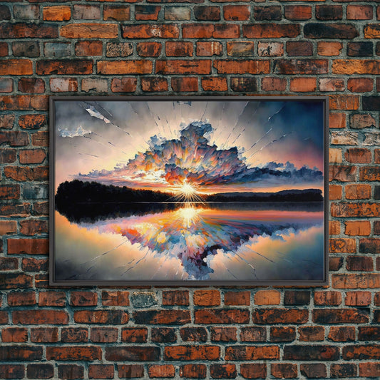 Sunset Reflection over a Lake, framed canvas print, framed wall art, colorful decor, above couch art