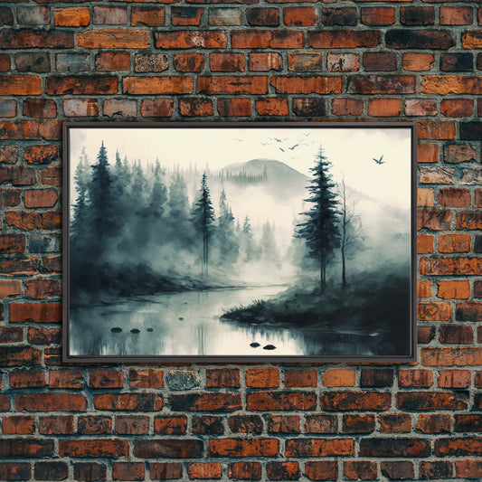 Watercolor of a foggy pine tree forest, framed canvas print, unique wall art, contemporary art, modern art
