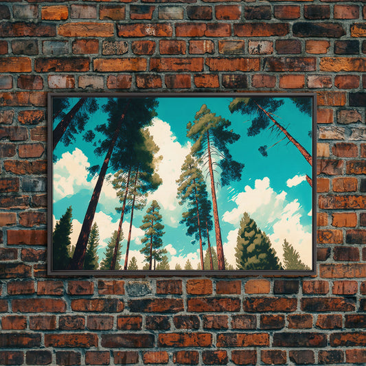 Pine Tree Forest and Blue Skies, Framed Canvas Print, Beautiful Wall Art, Living Room Wall Decor, Pine Cone Tree