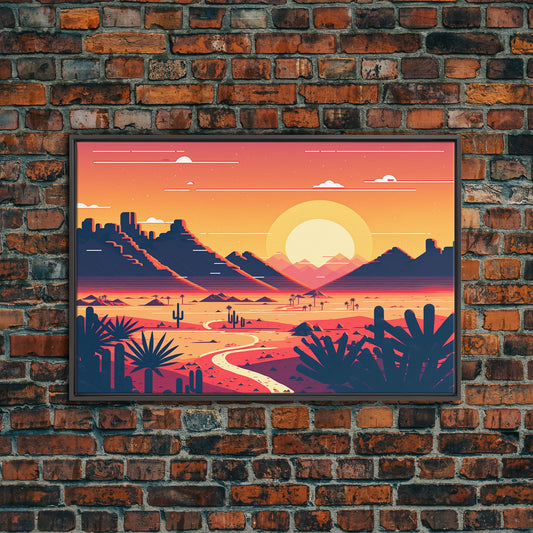 Art Deco Style Desert Landscape Art, Framed Canvas Print, Unique Colorful Wall Decor, Pueblo Style Midwestern Decor, Western Theme Art