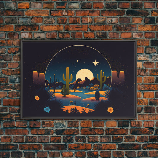 Retro Art Deco Style Pueblo Desert Art, Cactus Desert Landscape under a Full Moon, Framed Canvas Print, Cute Western Decor