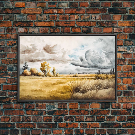 Prairies of Texas, Framed Canvas Print, Subdued / Muted Vintage Style Wall Art, Wall Hanging, Watercolor Painting