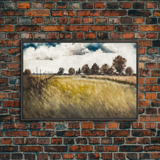 Muted Landscape Oil Painting | Canvas Print | Framed Wall Art | Vintage Muted Print | Subdued Art | Primitive Farmhouse Boho Style Decor