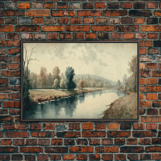 Vintage Landscape Wall Art Print, Nature Framed Large Gallery Art, Minimalist Art Ready to Hang, With Hangers, Muted Farmhouse Art