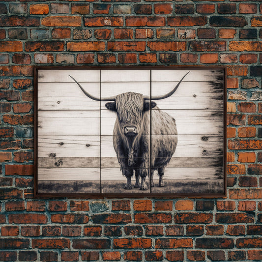 Rustic Cattle Art, Framed Canvas Print, Framed Wall Art, Primitive Rustic Minimalist Farmhouse Decor, Highland Cattle Distressed Art