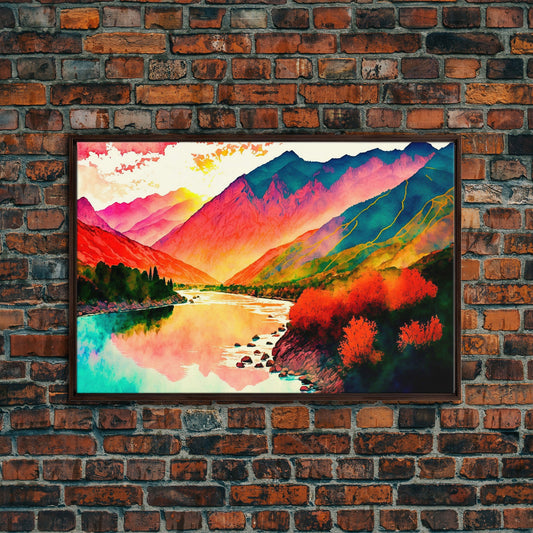 Watercolor Landscape, Rainbow Landscape Art, Framed Canvas Print, Unique Primitive Style Landscape Decor