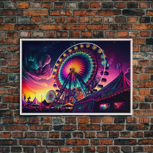 Synthwave ferris wheel watercolor art, framed canvas print, colorful vibrant wall decor, framed wall art