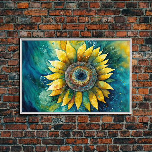 Watercolor of a Sunflower, Framed Canvas Print, Framed Art, Lowkey Farmhouse Wall Art, Living Room Decor, Living Room painting