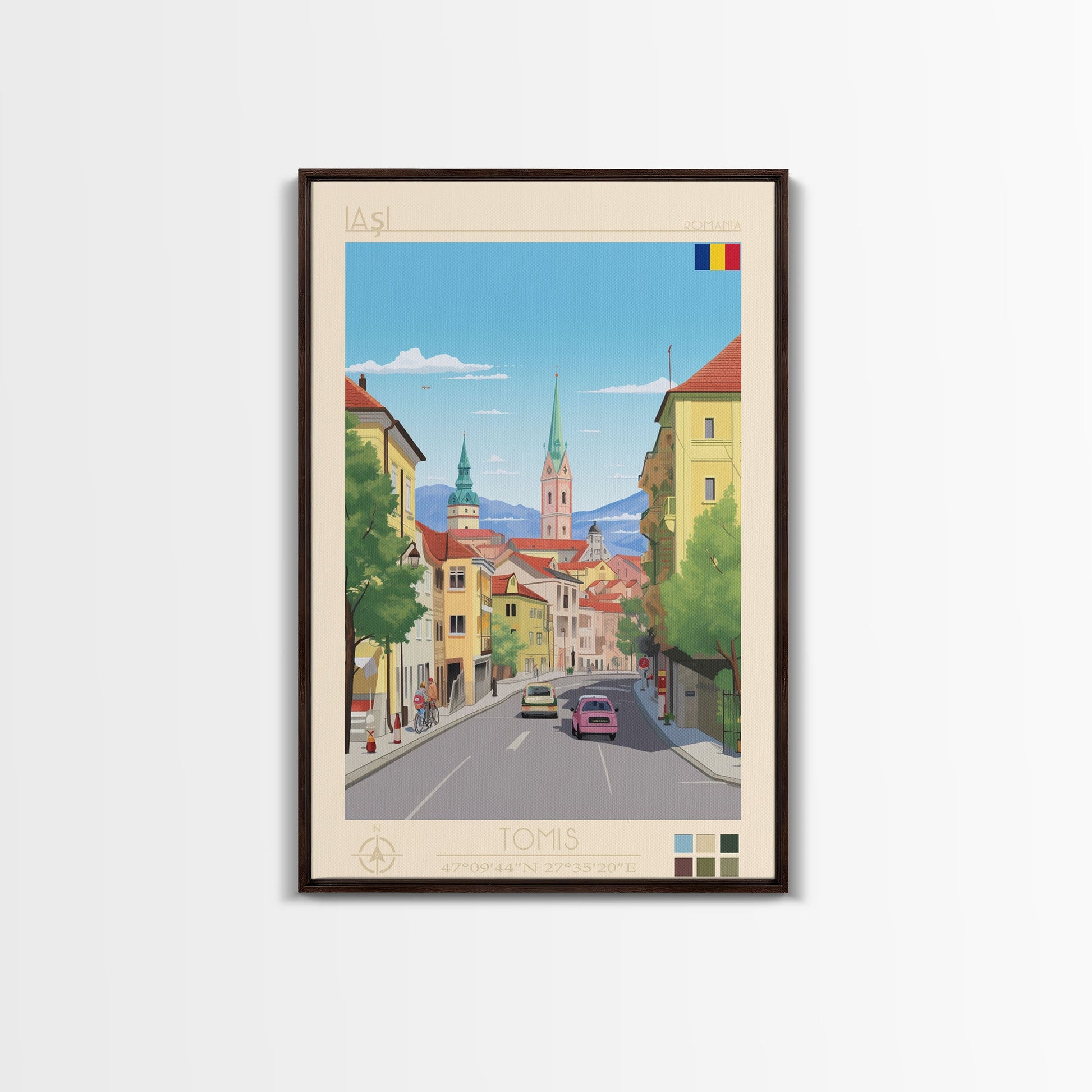 Framed canvas print of Iași Romania travel poster featuring midcentury modern and pop art wall decor for living rooms and offices.