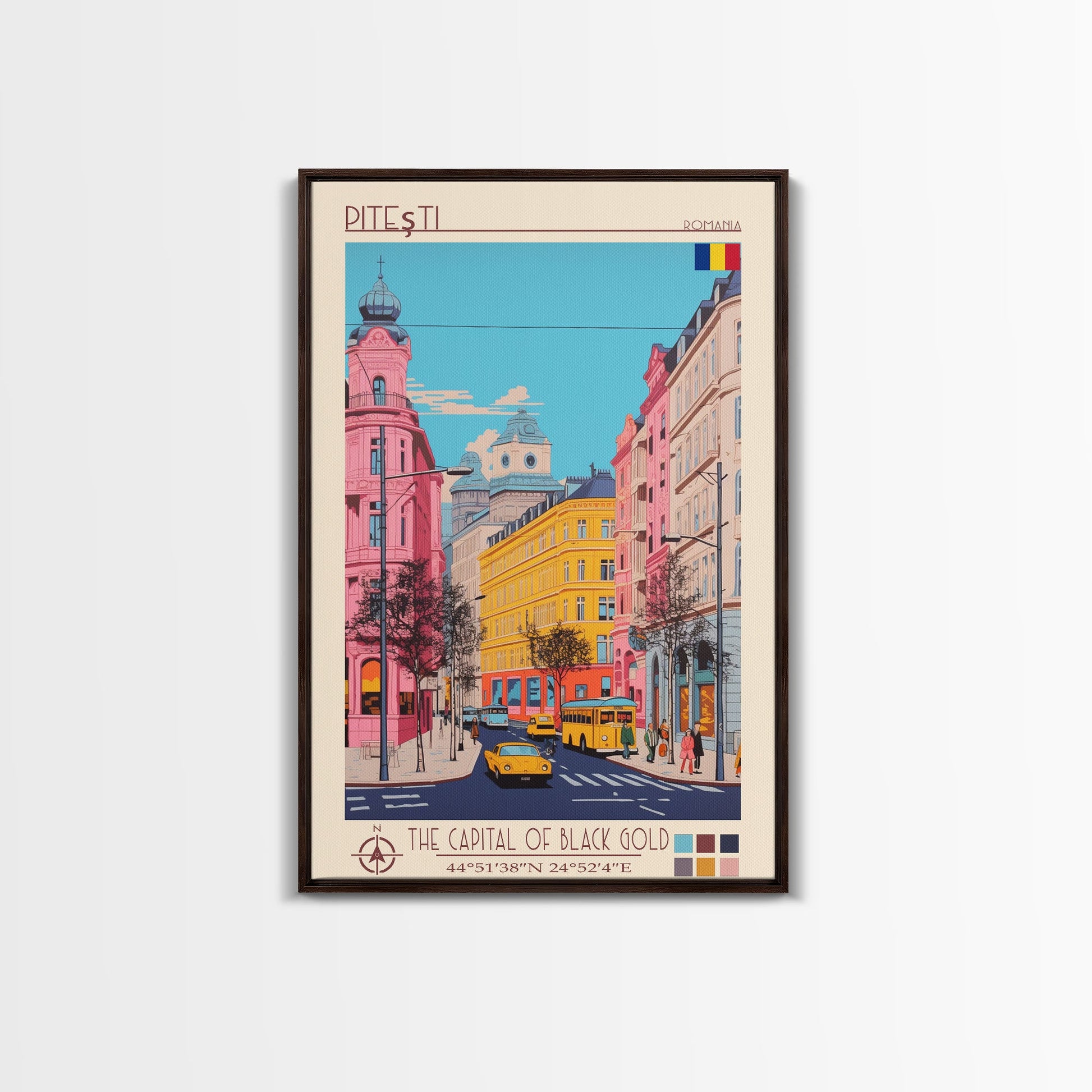 Framed canvas print of Pitești Romania travel poster featuring midcentury modern and pop art wall decor style.