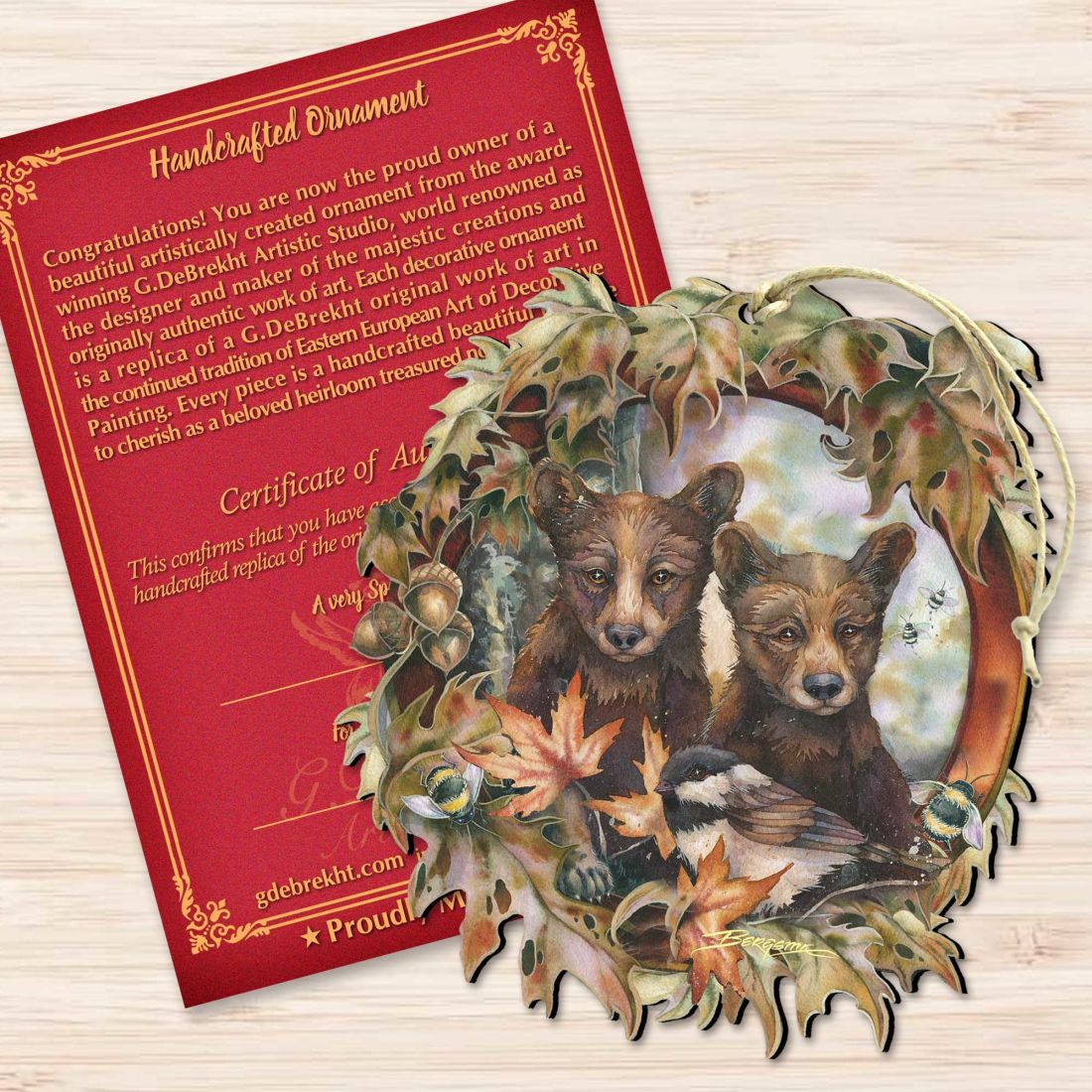 Simple Joys Black Bear Cubs Bees Wooden Ornaments by J. Bergsma - Wildlife Holiday Decor - 8591850-JB