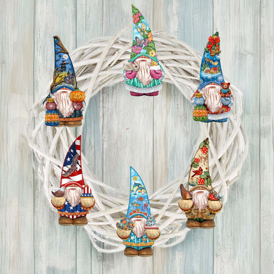 Holiday Gnomes Clip-On Eco Wood Decorative Ornaments Set of 6 by G. Debrekht  - Christmas Decor - 8090138C-S6