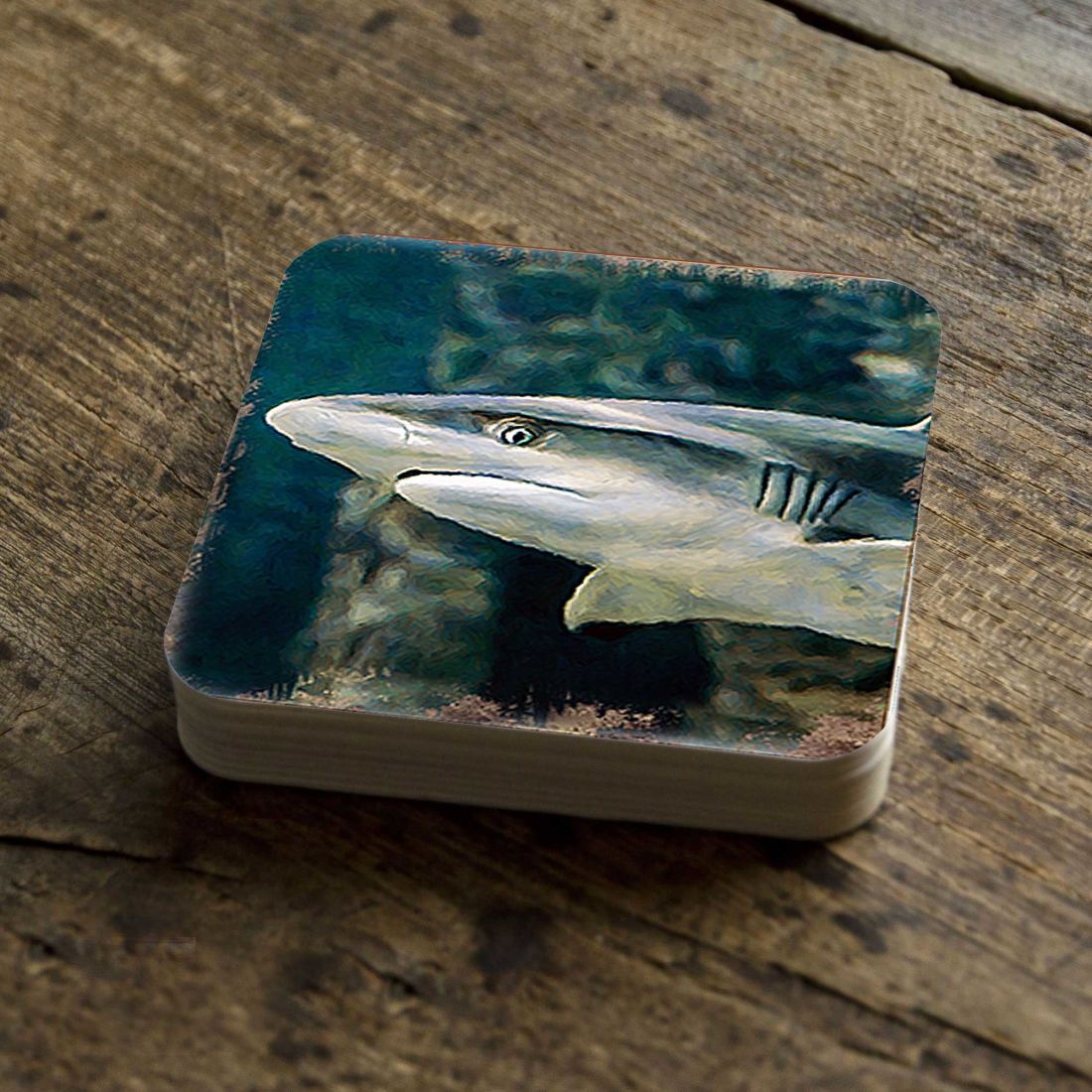 Shark Coastal Wooden Cork Coasters Gift Set of 4 by Nature Wonders - Coastal Sea-Life Decor - 95324C-S4