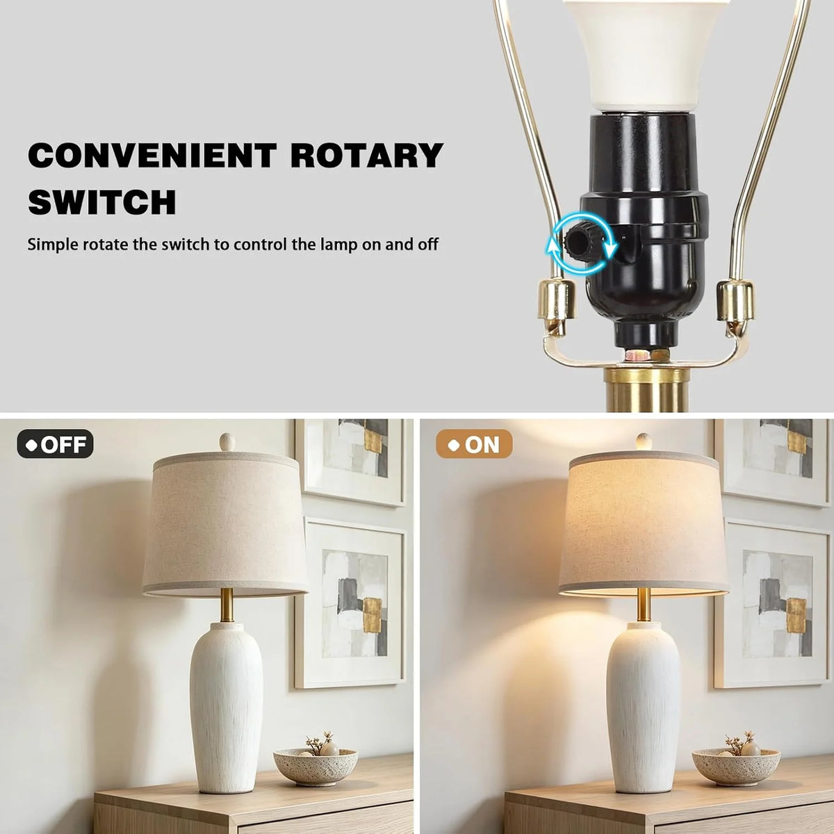 26 Inch Farmhouse Ceramic Jar Table Lamps Set of 2, Bedside Lamps
